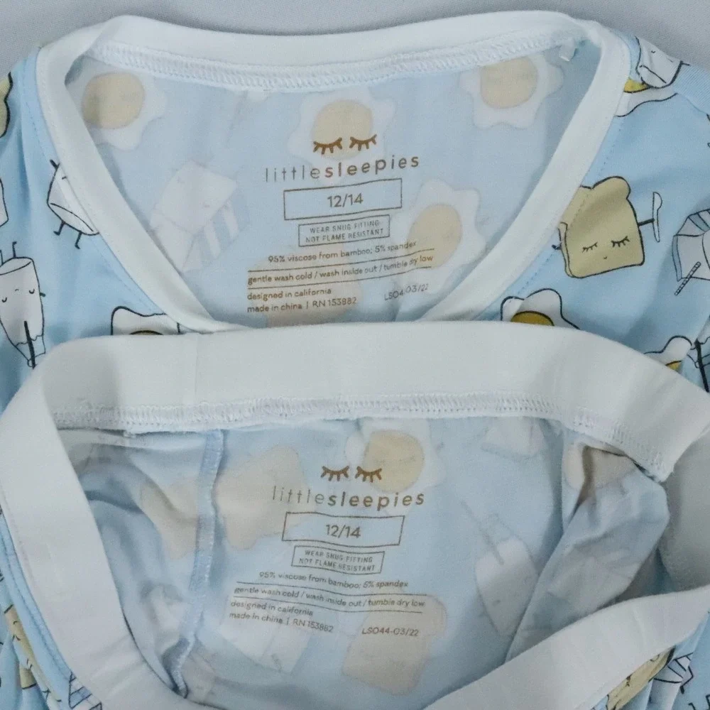 Little Sleepies Blue Breakfast Pajama 2 Piece Bamboo Set Egg Toast Milk Sz 12/14